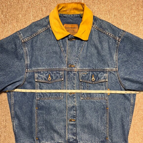 Vintage Timberland Classic Blue Denim Jacket Tam Leather Collar Weathergear Jean - Picture 4 of 13